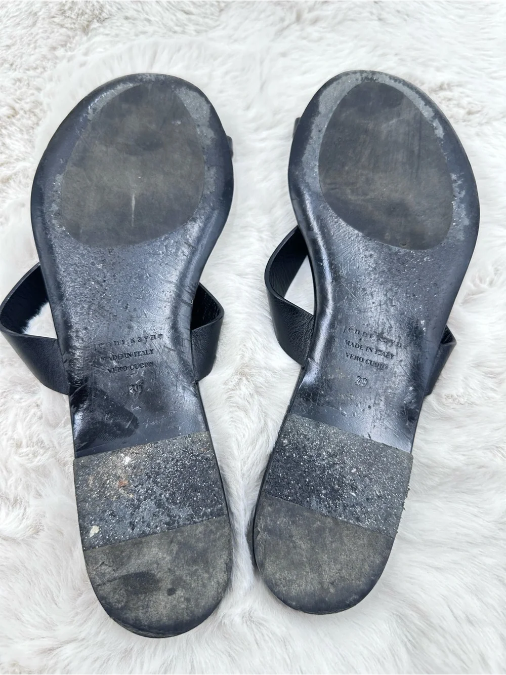 Jenni Kayne The Leather Strap Sandals Toe Post Flats Black Women's 39 US 9